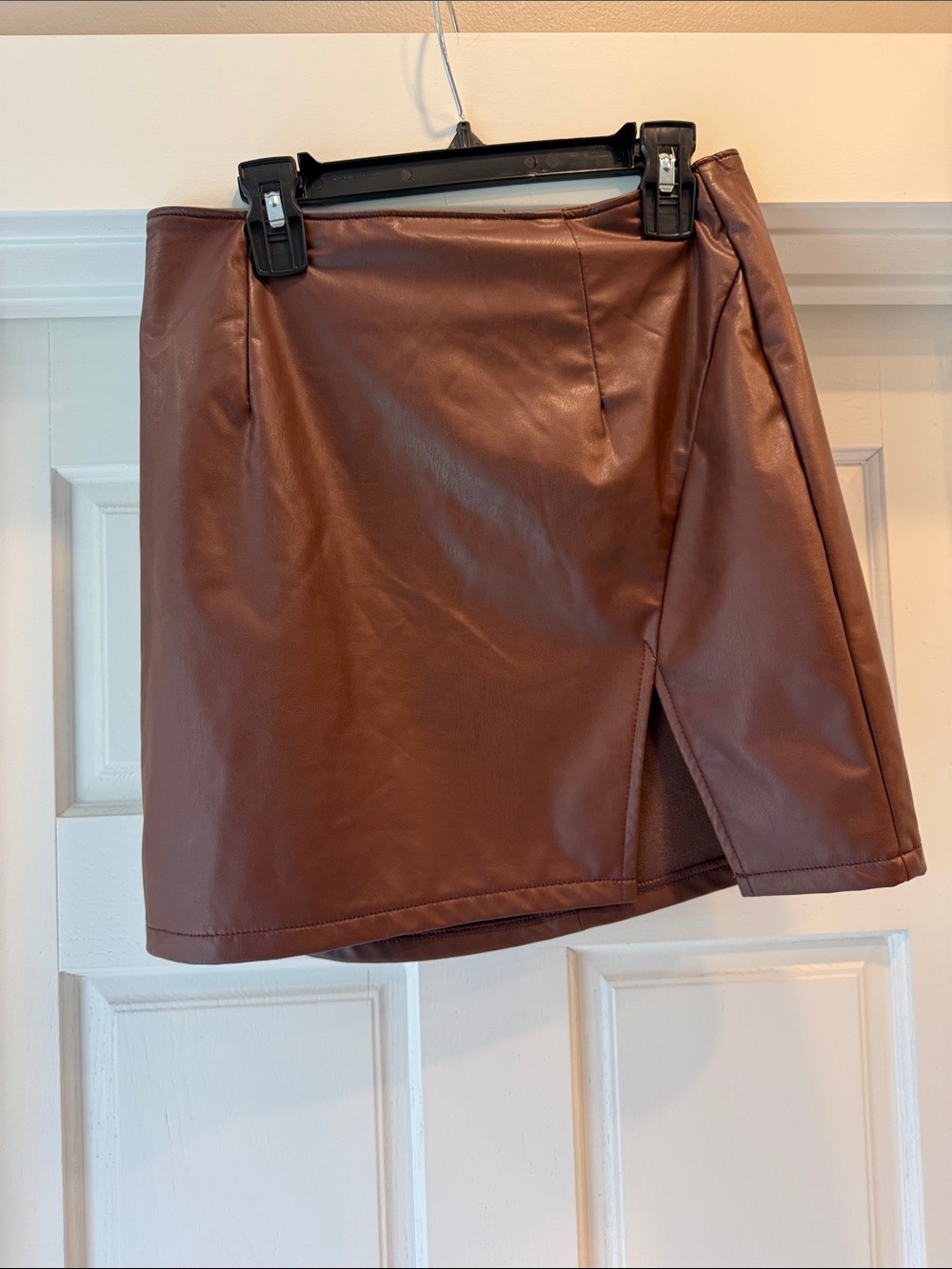 Rewash Chocolate Brown Faux Leather Mini Skirt with Side Slit